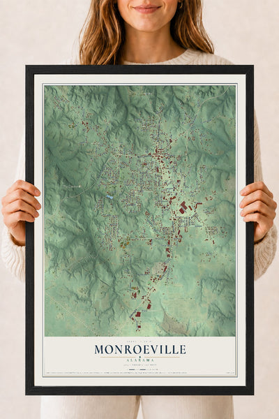 Map of Monroeville, Alabama, 18 x 24 inch print in a black wood frame