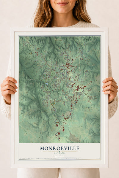 Map of Monroeville, Alabama, 18 x 24 inch print in a white wood frame