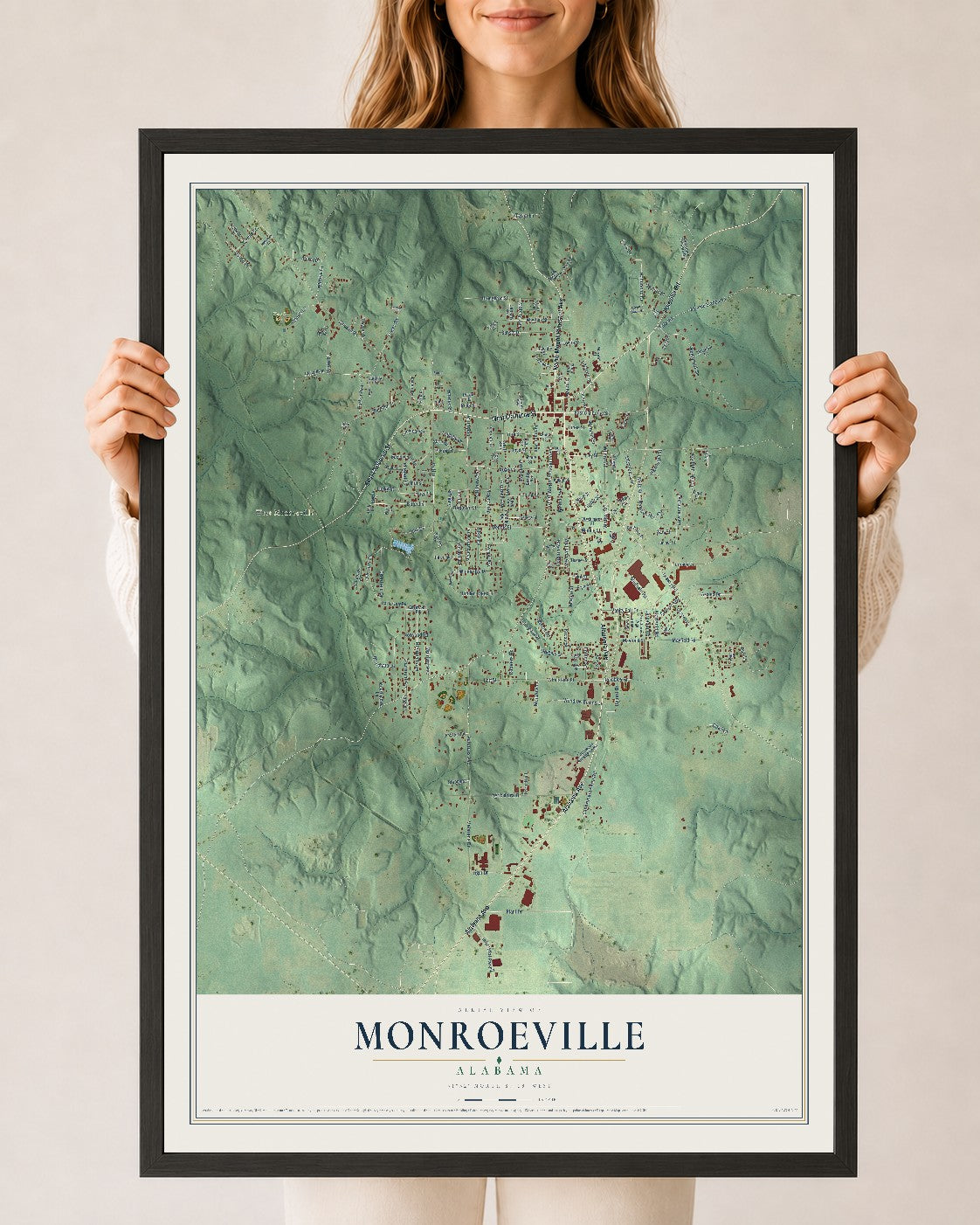 Map of Monroeville, Alabama, 24 x 36 inch print in a black wood frame