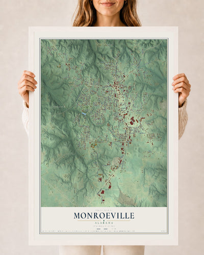 Map of Monroeville, Alabama, 24 x 36 inch print in a white wood frame