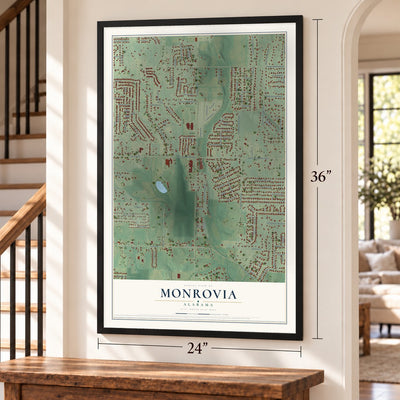 Monrovia, Alabama map, 24 x 36 inch print in a black frame by a staircase