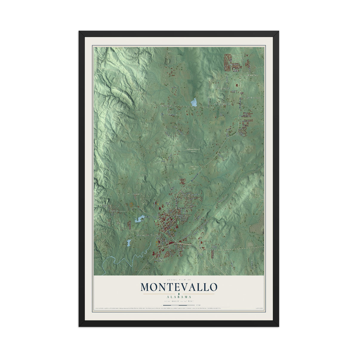Map of Montevallo, Alabama, 12 x 18 inch print in a black wood frame