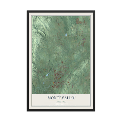 Map of Montevallo, Alabama, 12 x 18 inch print in a black wood frame