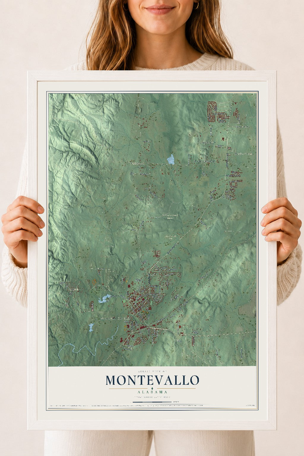 Map of Montevallo, Alabama, 18 x 24 inch print in a white wood frame