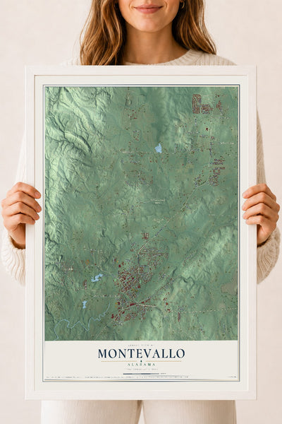 Map of Montevallo, Alabama, 18 x 24 inch print in a white wood frame