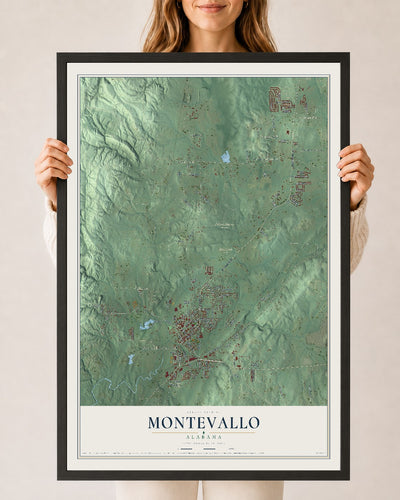 Map of Montevallo, Alabama, 24 x 36 inch print in a black wood frame