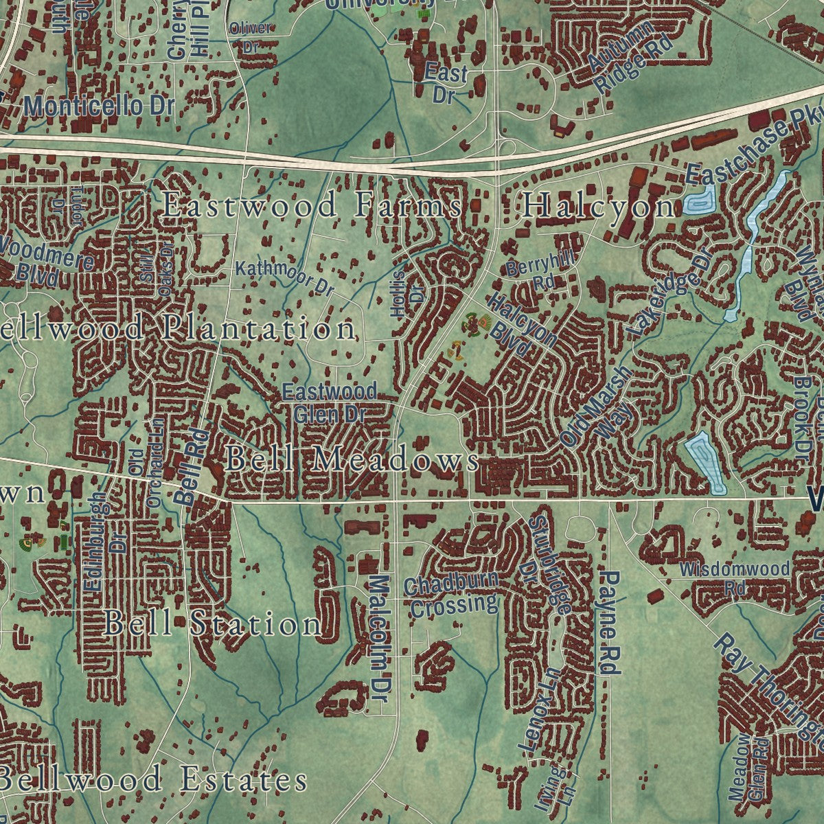 Second close-up of the map of Montgomery, Alabama print showing more streets and buildings