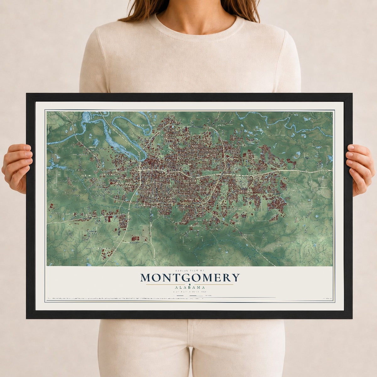 Map of Montgomery, Alabama, 12 x 18 inch print in a black wood frame