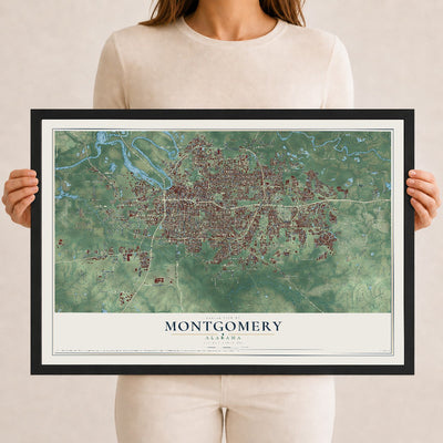 Map of Montgomery, Alabama, 12 x 18 inch print in a black wood frame