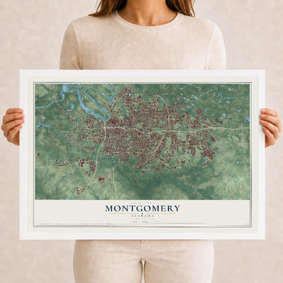 Map of Montgomery, Alabama, 12 x 18 inch print in a white wood frame