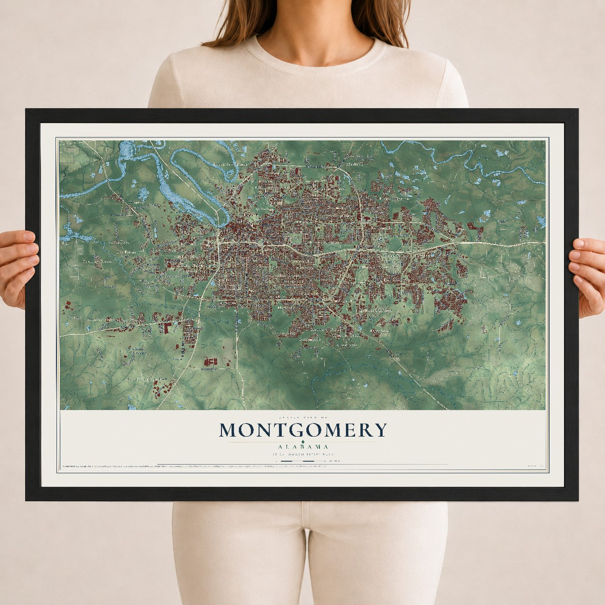 Map of Montgomery, Alabama, 18 x 24 inch print in a black wood frame