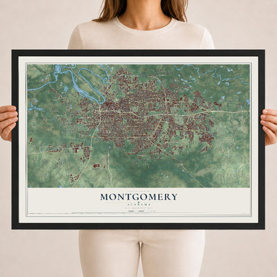 Map of Montgomery, Alabama, 18 x 24 inch print in a black wood frame