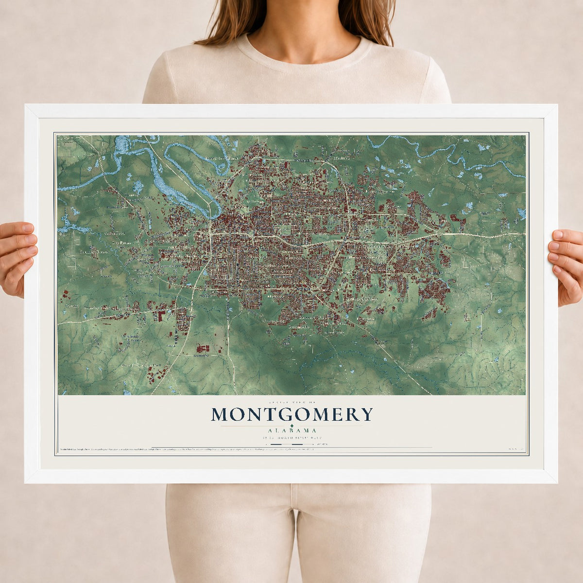 Map of Montgomery, Alabama, 18 x 24 inch print in a white wood frame