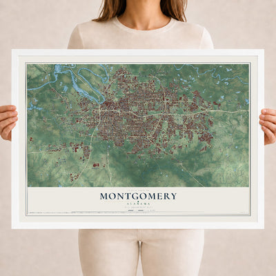Map of Montgomery, Alabama, 18 x 24 inch print in a white wood frame
