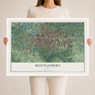 Map of Montgomery, Alabama, 24 x 36 inch print in a white wood frame