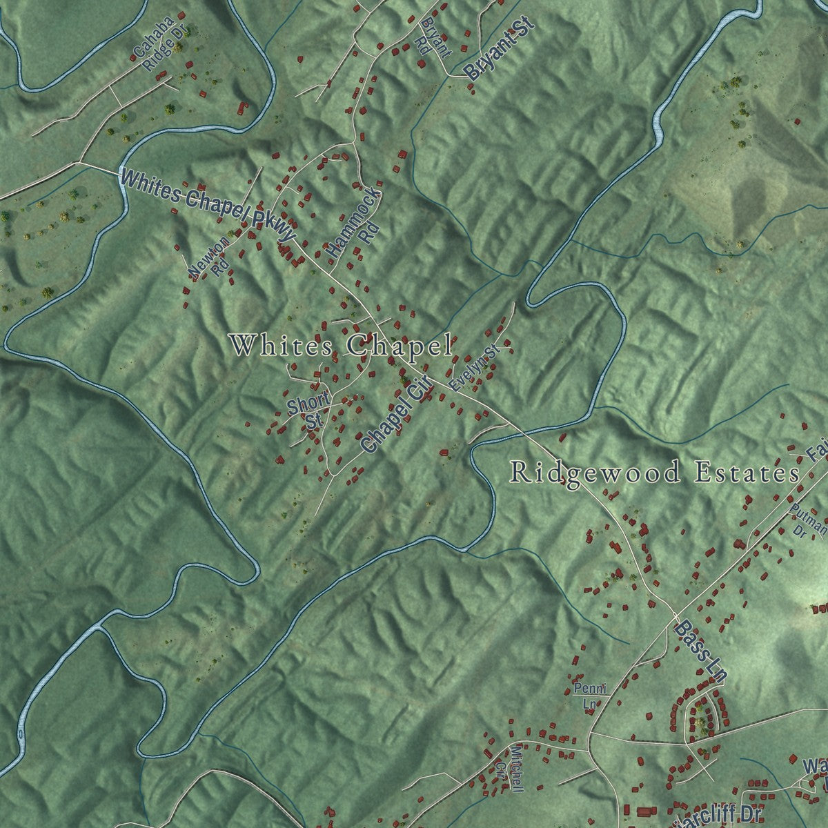 Second close-up of the map of Moody, Alabama print showing more streets and buildings