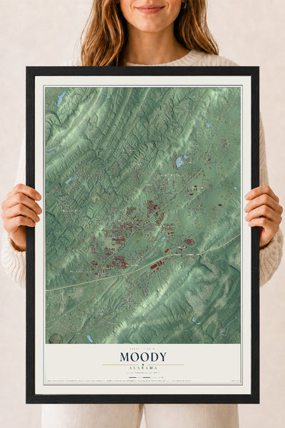 Map of Moody, Alabama, 18 x 24 inch print in a black wood frame