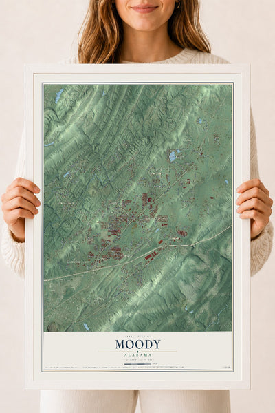 Map of Moody, Alabama, 18 x 24 inch print in a white wood frame