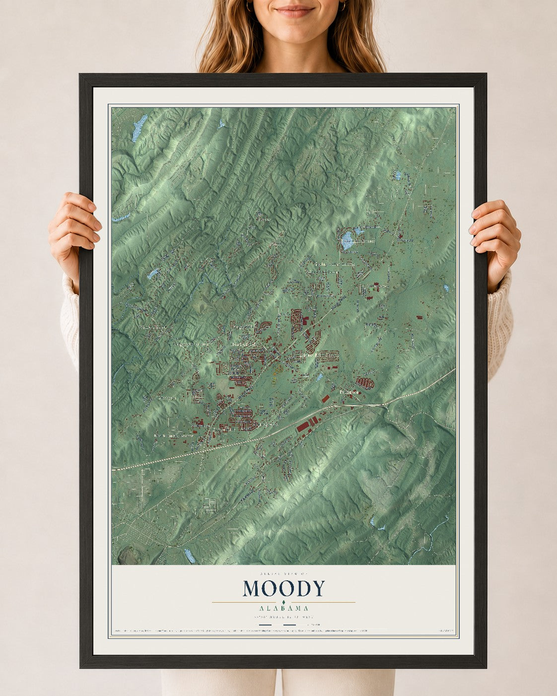 Map of Moody, Alabama, 24 x 36 inch print in a black wood frame