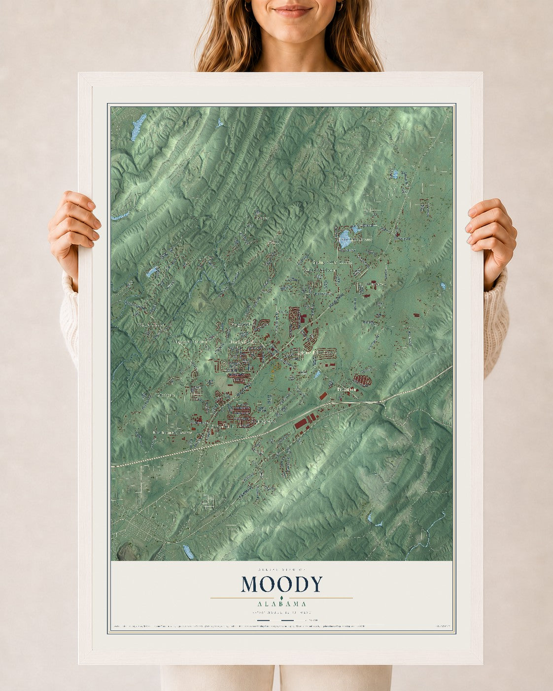 Map of Moody, Alabama, 24 x 36 inch print in a white wood frame