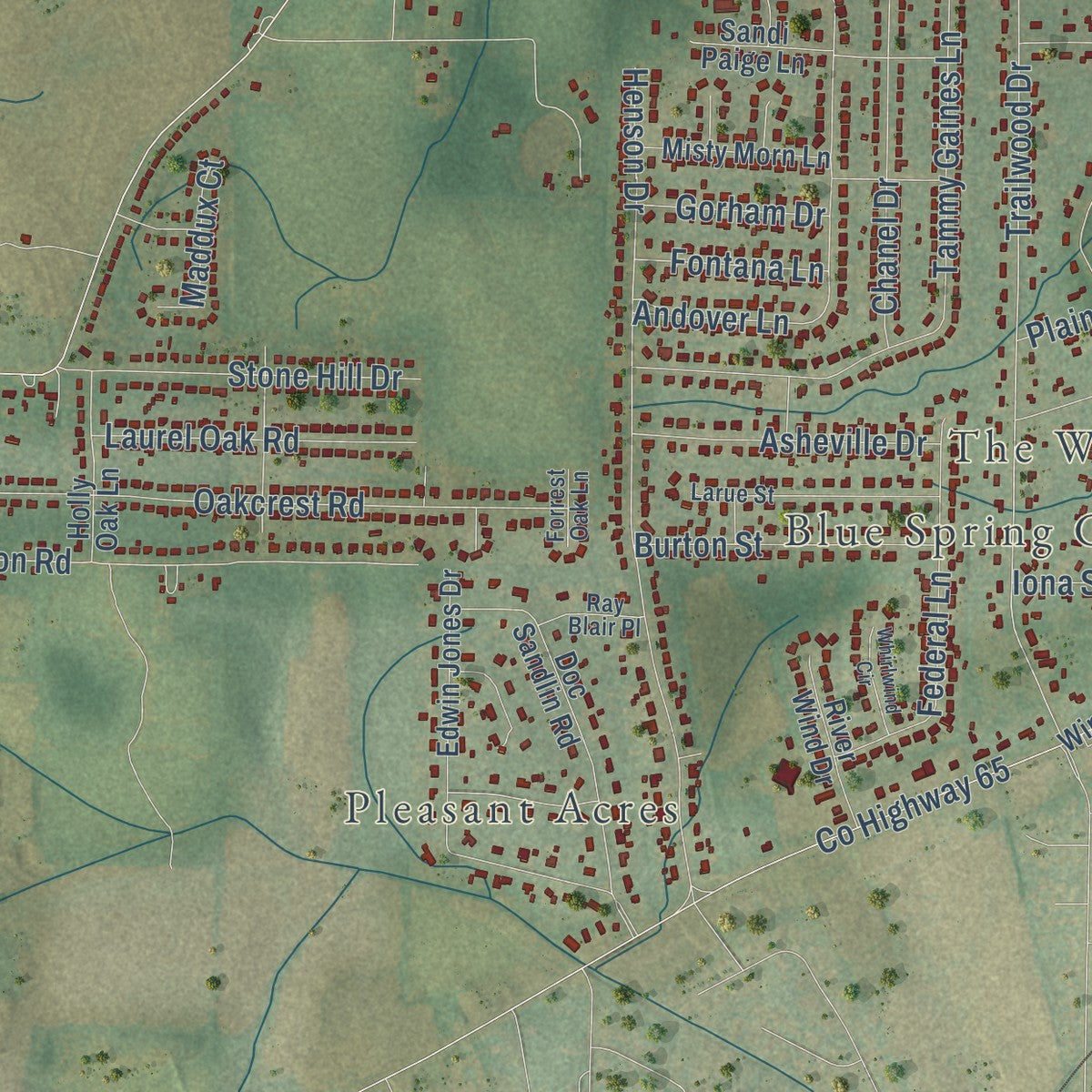 Close-up of the map of Moores Mill, Alabama print showing street and building detail