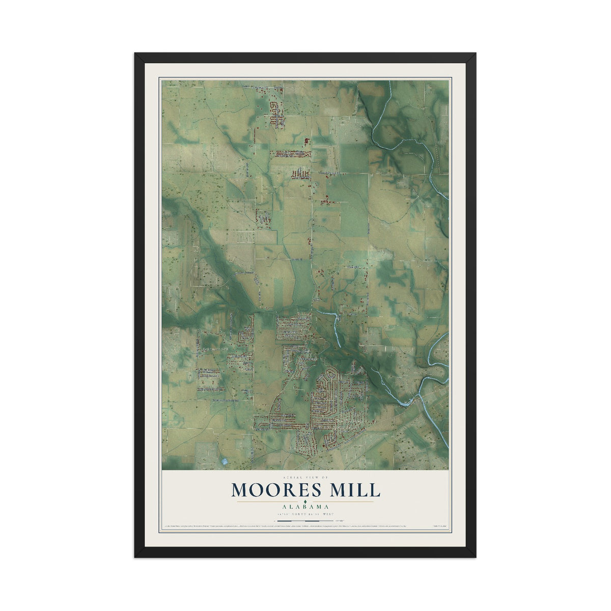 Map of Moores Mill, Alabama, 12 x 18 inch print in a black wood frame