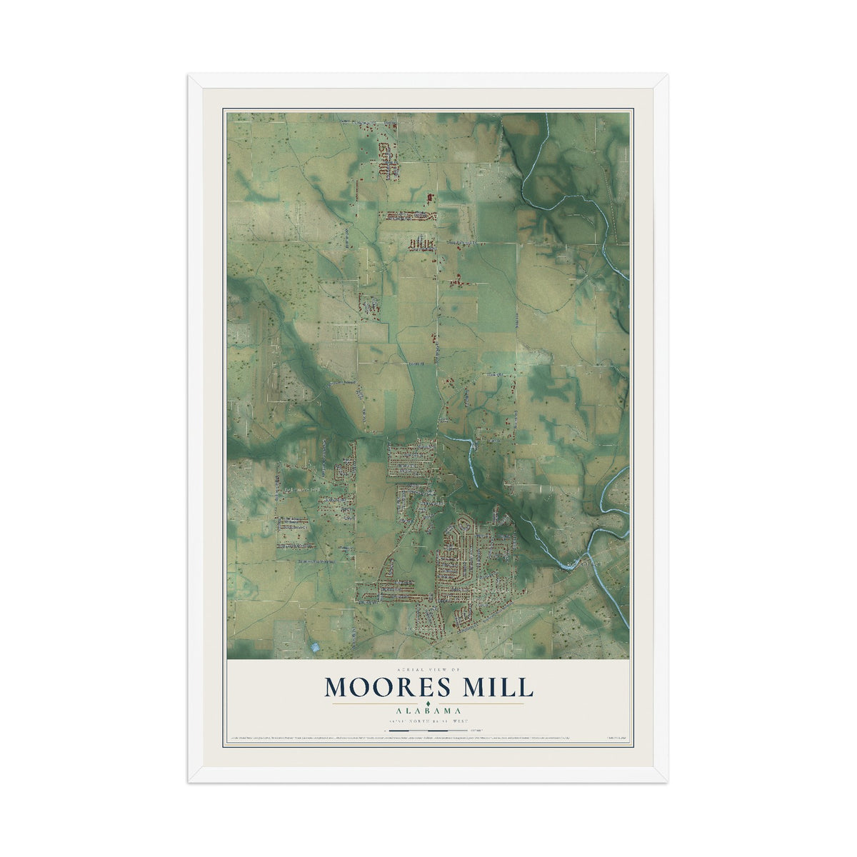 Map of Moores Mill, Alabama, 12 x 18 inch print in a white wood frame