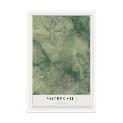 Map of Moores Mill, Alabama, 12 x 18 inch print in a white wood frame