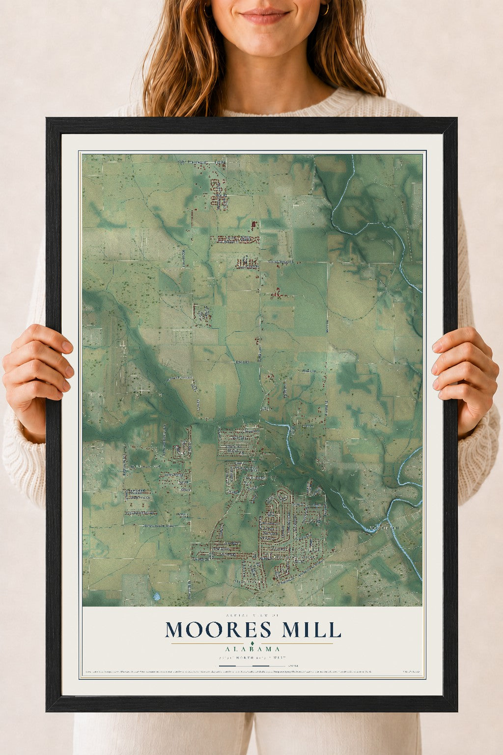 Map of Moores Mill, Alabama, 18 x 24 inch print in a black wood frame