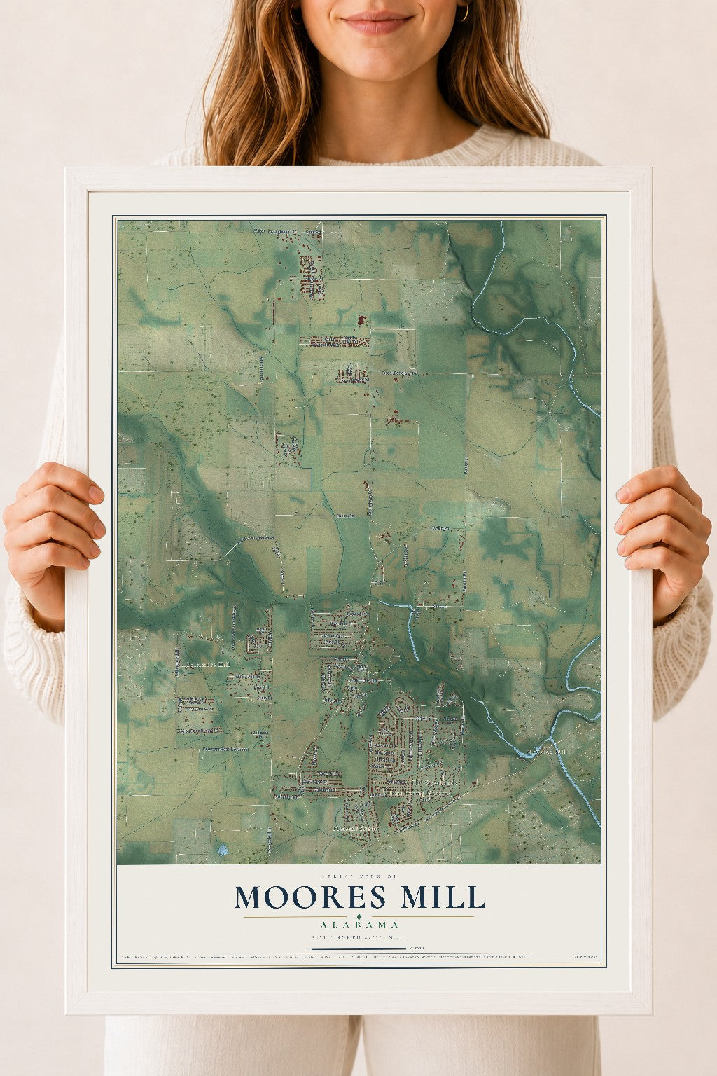 Map of Moores Mill, Alabama, 18 x 24 inch print in a white wood frame