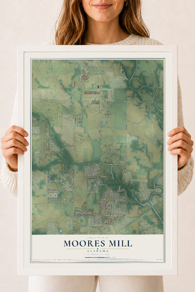 Map of Moores Mill, Alabama, 18 x 24 inch print in a white wood frame