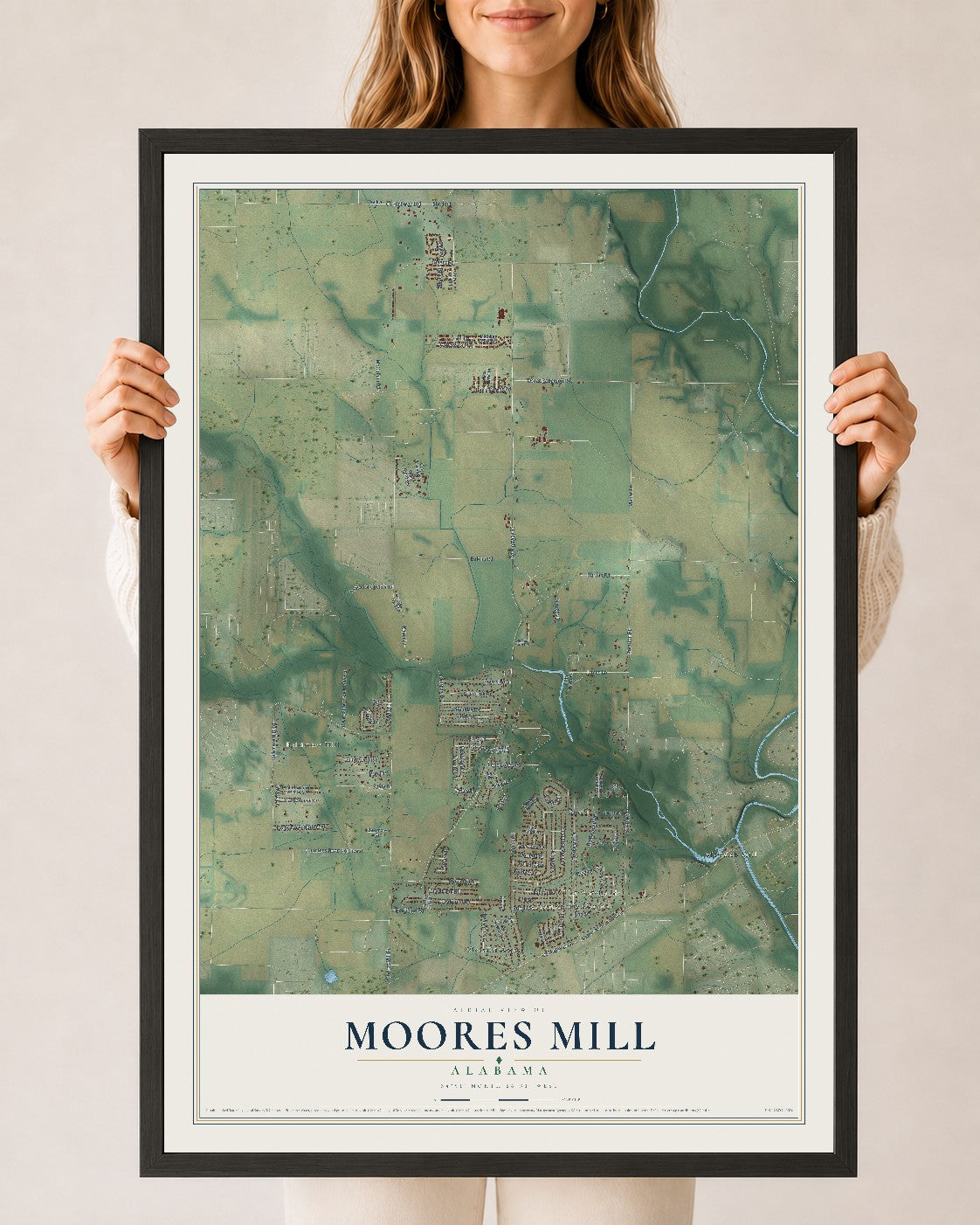Map of Moores Mill, Alabama, 24 x 36 inch print in a black wood frame