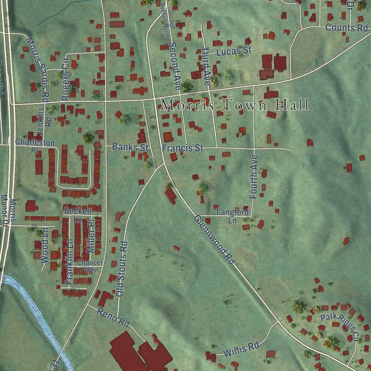 Close-up of the map of Morris, Alabama print showing street and building detail