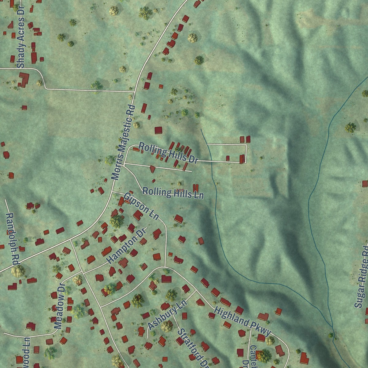 Second close-up of the map of Morris, Alabama print showing more streets and buildings