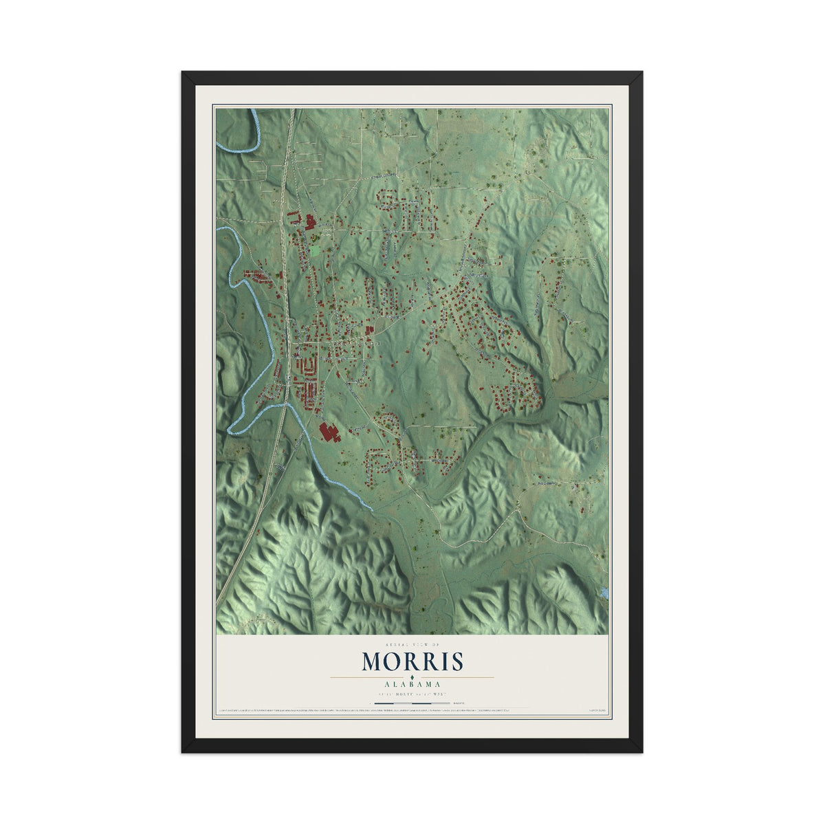 Map of Morris, Alabama, 12 x 18 inch print in a black wood frame