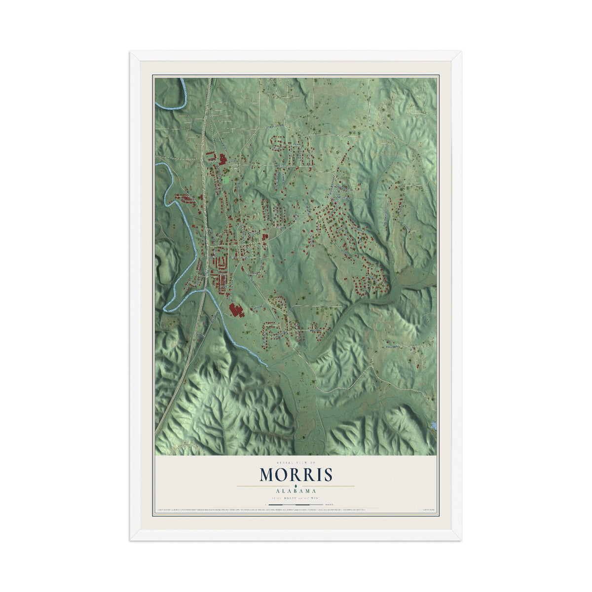 Map of Morris, Alabama, 12 x 18 inch print in a white wood frame