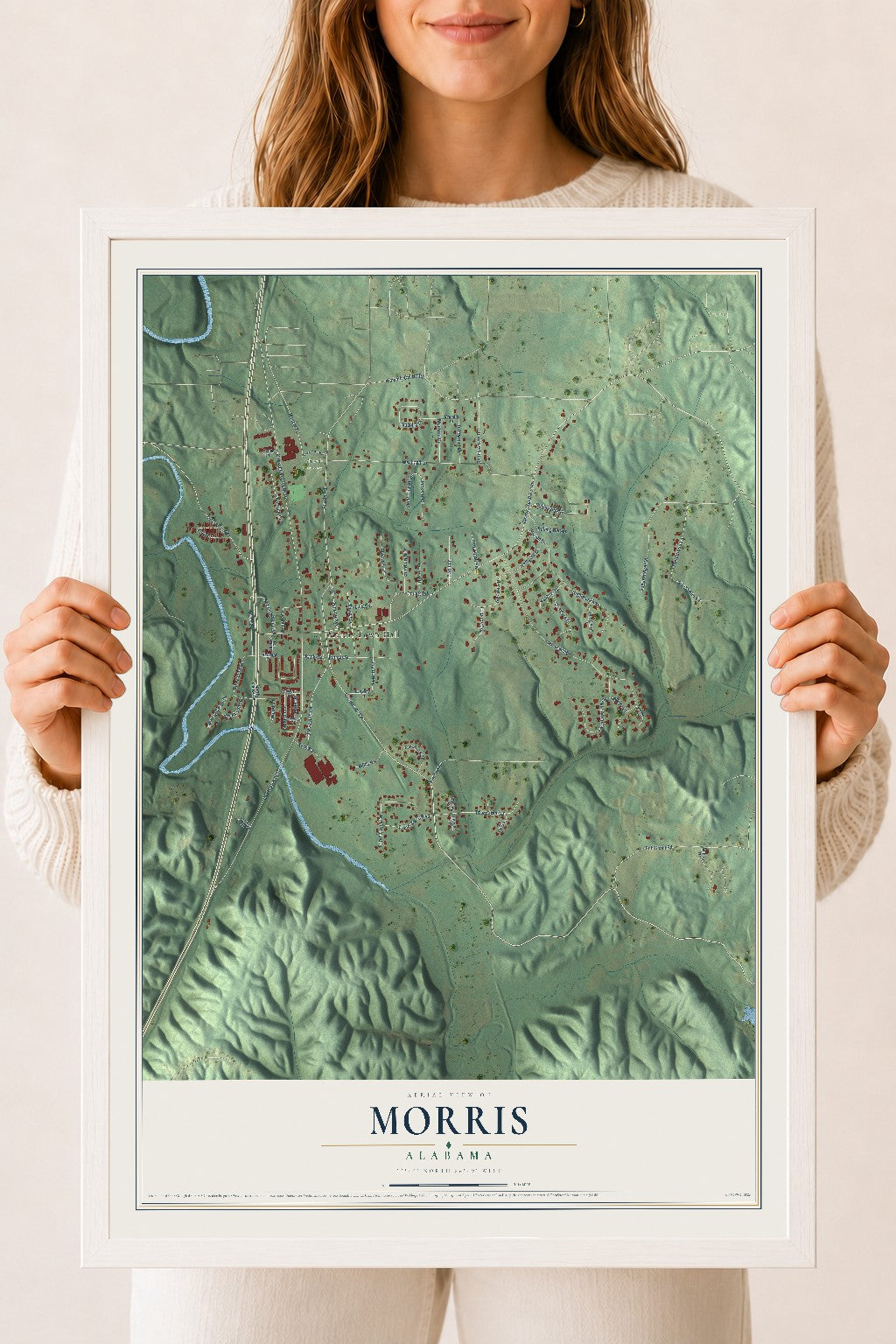 Map of Morris, Alabama, 18 x 24 inch print in a white wood frame