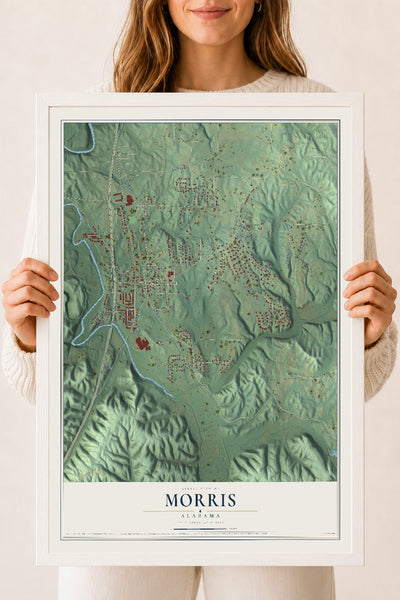 Map of Morris, Alabama, 18 x 24 inch print in a white wood frame