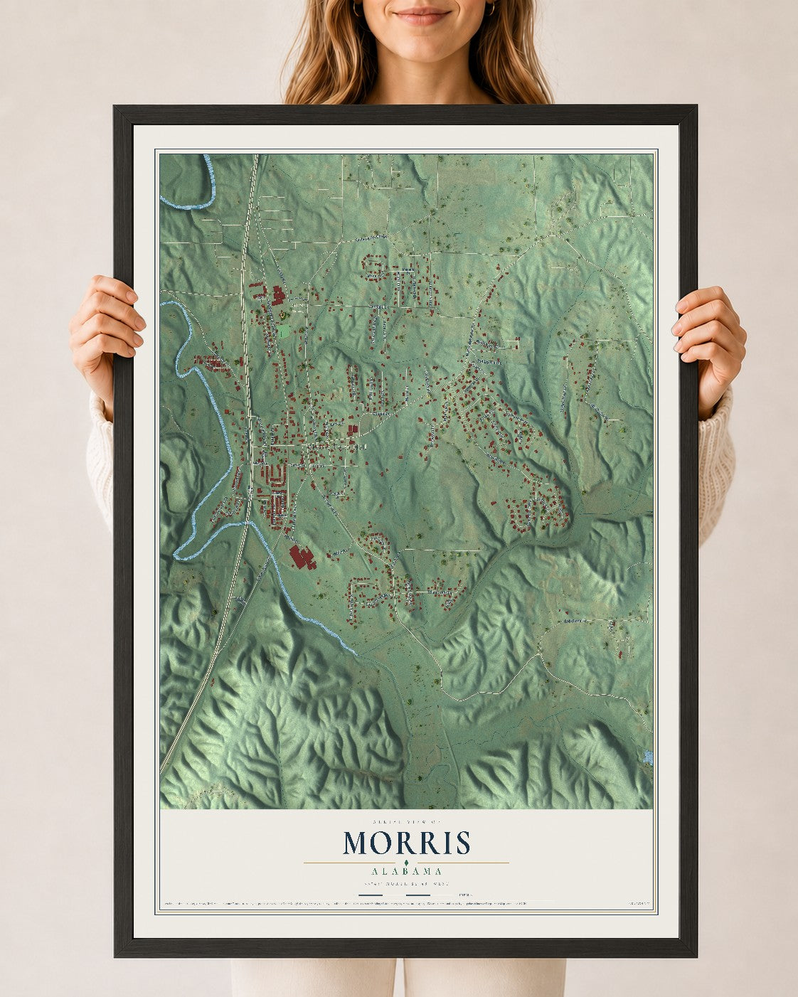 Map of Morris, Alabama, 24 x 36 inch print in a black wood frame