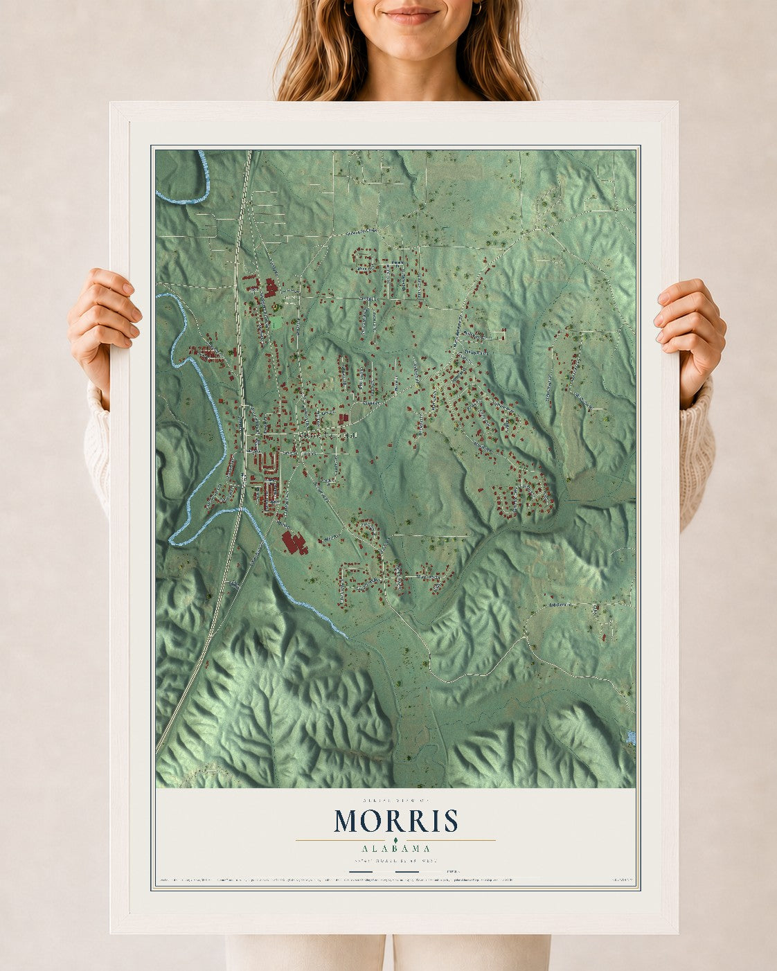 Map of Morris, Alabama, 24 x 36 inch print in a white wood frame