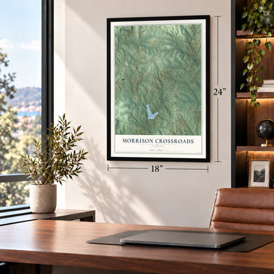 Morrison Crossroads, Alabama map, 18 x 24 inch print in a black frame in a home office