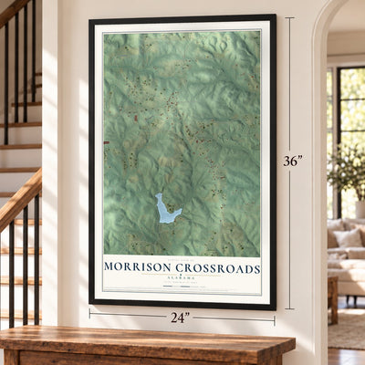 Morrison Crossroads, Alabama map, 24 x 36 inch print in a black frame by a staircase