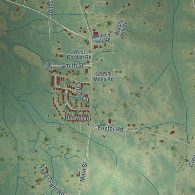 Close-up of the map of Mosses, Alabama print showing street and building detail