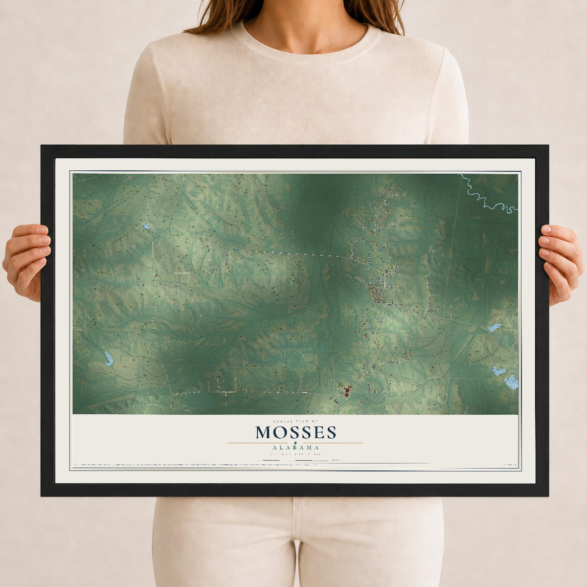 Map of Mosses, Alabama, 12 x 18 inch print in a black wood frame