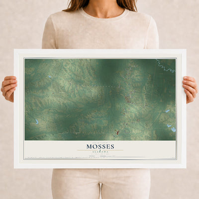 Map of Mosses, Alabama, 12 x 18 inch print in a white wood frame