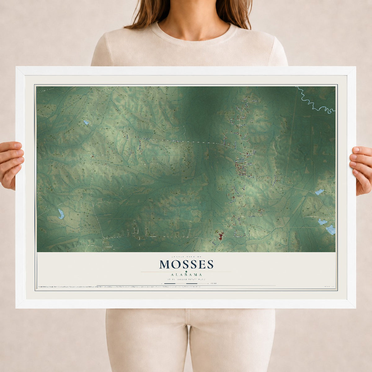 Map of Mosses, Alabama, 18 x 24 inch print in a white wood frame