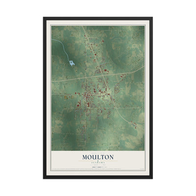 Map of Moulton, Alabama, 12 x 18 inch print in a black wood frame