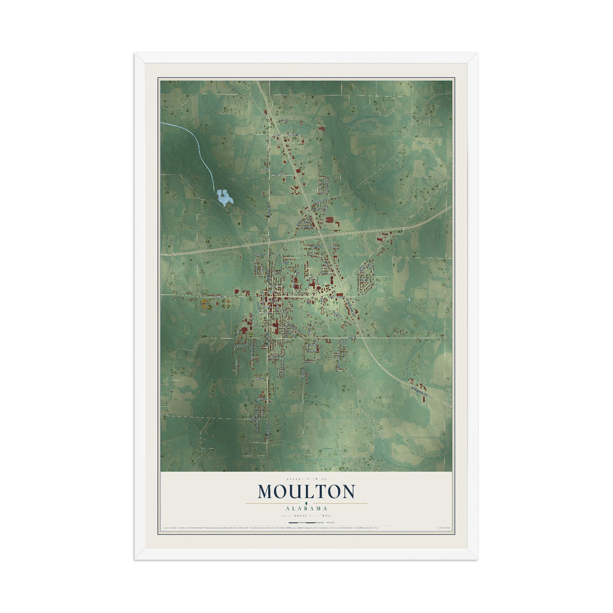 Map of Moulton, Alabama, 12 x 18 inch print in a white wood frame