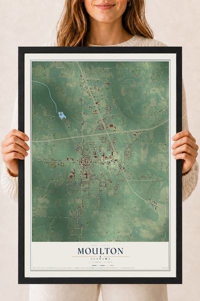 Map of Moulton, Alabama, 18 x 24 inch print in a black wood frame