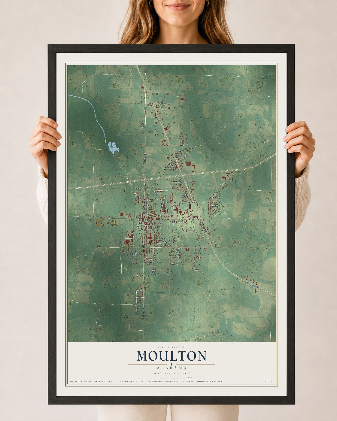 Map of Moulton, Alabama, 24 x 36 inch print in a black wood frame